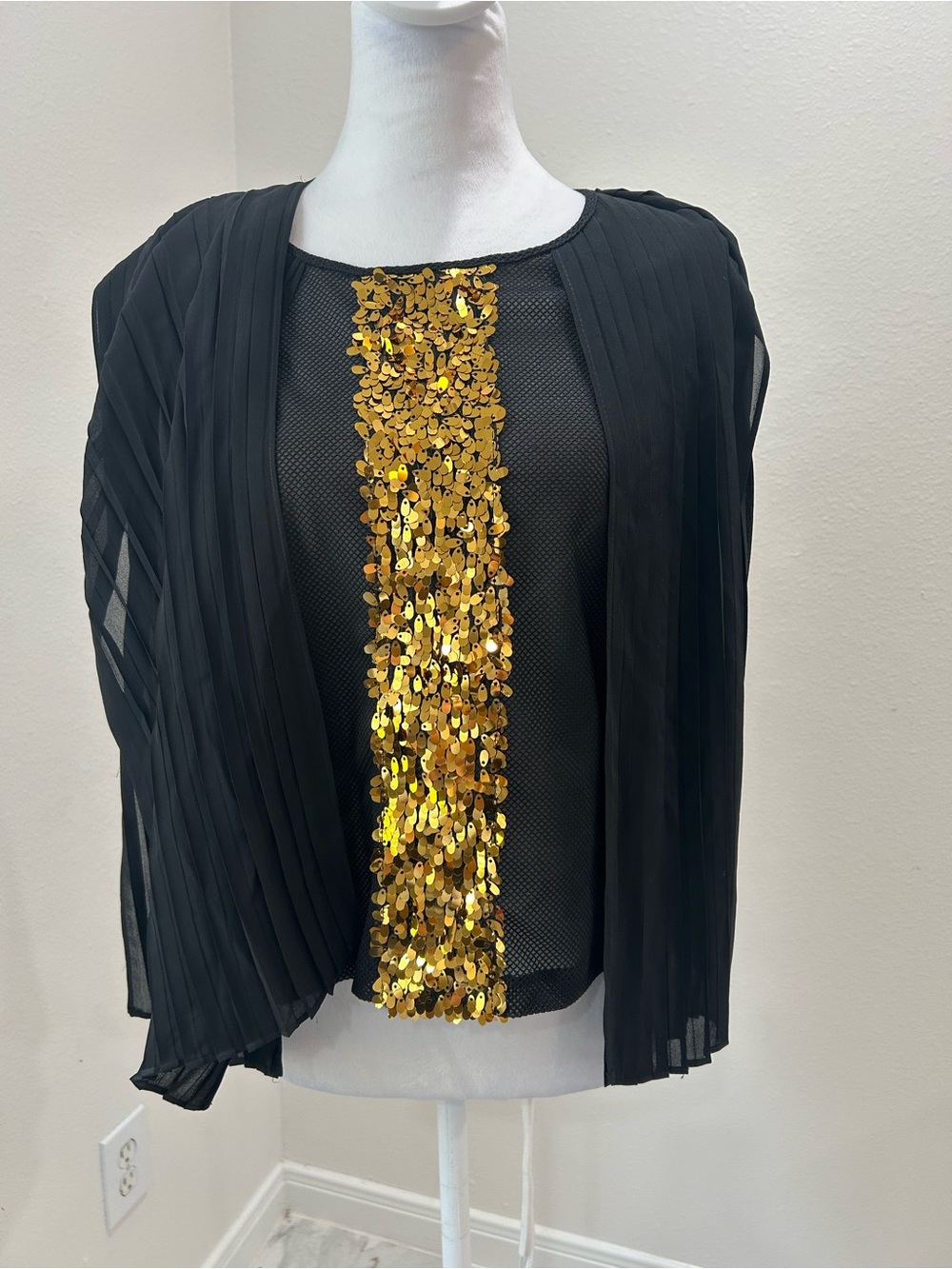 Dao Chloe Dao Black Mesh Top with Pleated Sheer Overlay and A Gold Sequin Stripe